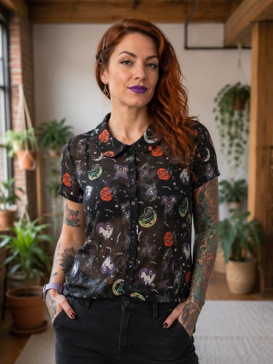 Hell Bunny Tops - Hell Bunny Salem Halloween Sheer Cat Ghost Pumpkin Blouse Womens Size M